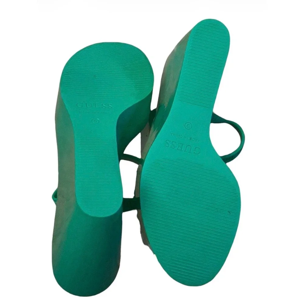GUESS Edvina Green Jelly Platform Wedge Sandals Logo Strap Slides Womens Size 9